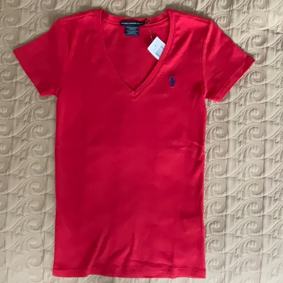 Women’s Ralph Lauren Sport Red Fitted V-Neck Short Sleeve Tee / Medium - Picture 1 of 8